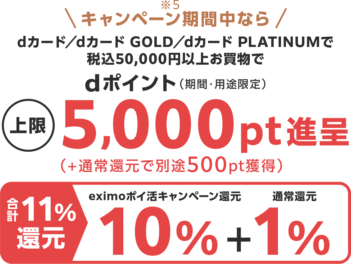 キャンペーン期間中ならdカード/dカード GOLD/dカード PLATINUMで税込50,000円以上お買物でdポイント(期間・用途限定)上限5,000pt進呈 合計11%還元
