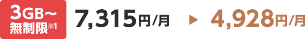 3GB〜無制限※1 7,315円/月▶︎4,928円/月